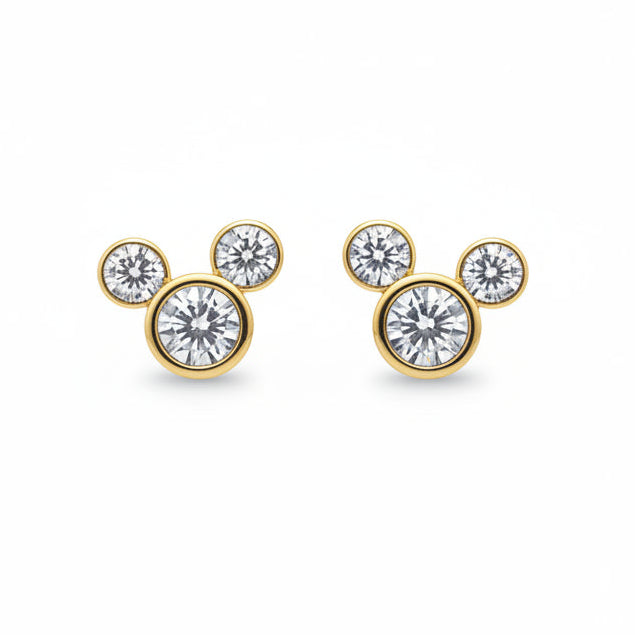 Gold mouse earring studs with clear gemstones on a white background