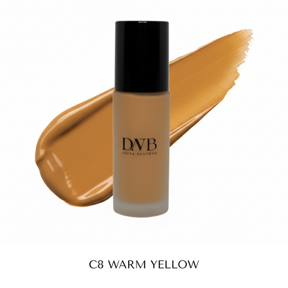 DNB foundation bottle with a swatch of C8 Warm Yellow shade on a white background