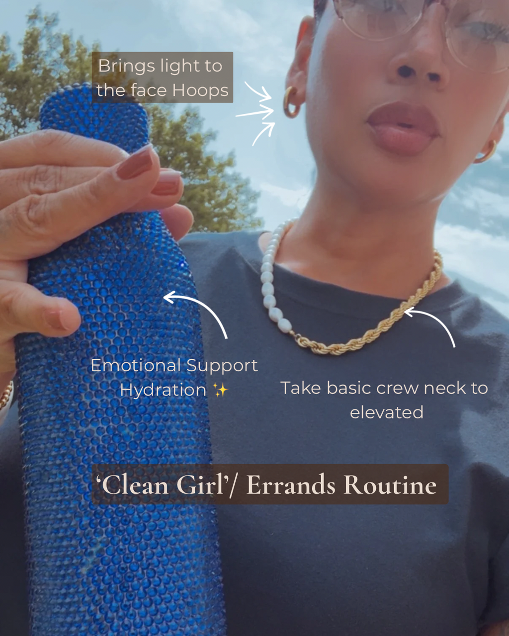 A close-up lifestyle shot of a person wearing a blue beaded face hoop earring and holding a textured blue beaded tube, with text overlays describing self-care items like 'Brings light to the face Hoops', 'Emotional Support Hydration', and 'Take basic crew neck to elevated'.