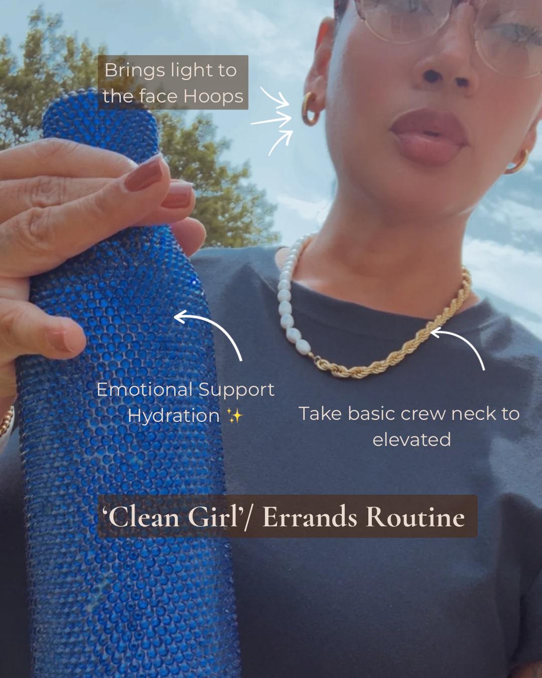 A close-up lifestyle shot of a person wearing a blue beaded face hoop earring and holding a textured blue beaded tube, with text overlays describing self-care items like 'Brings light to the face Hoops', 'Emotional Support Hydration', and 'Take basic crew neck to elevated'.