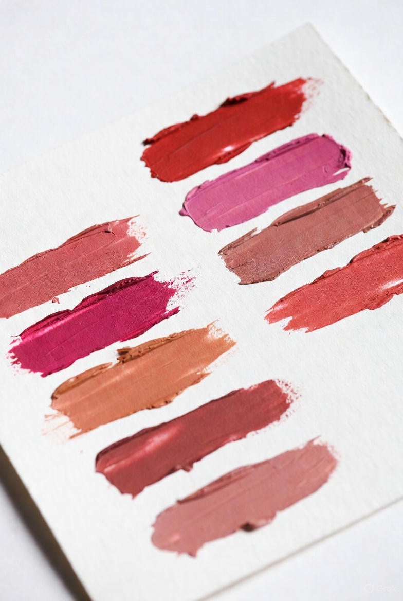 Set of lipstick swatches in various shades on a white background