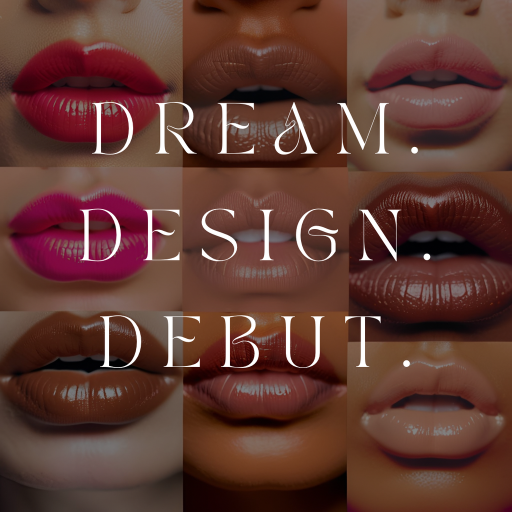 A 3x3 collage of close-up lip portraits showing different lipstick shades, with large white text reading 'DREAM. DESIGN.