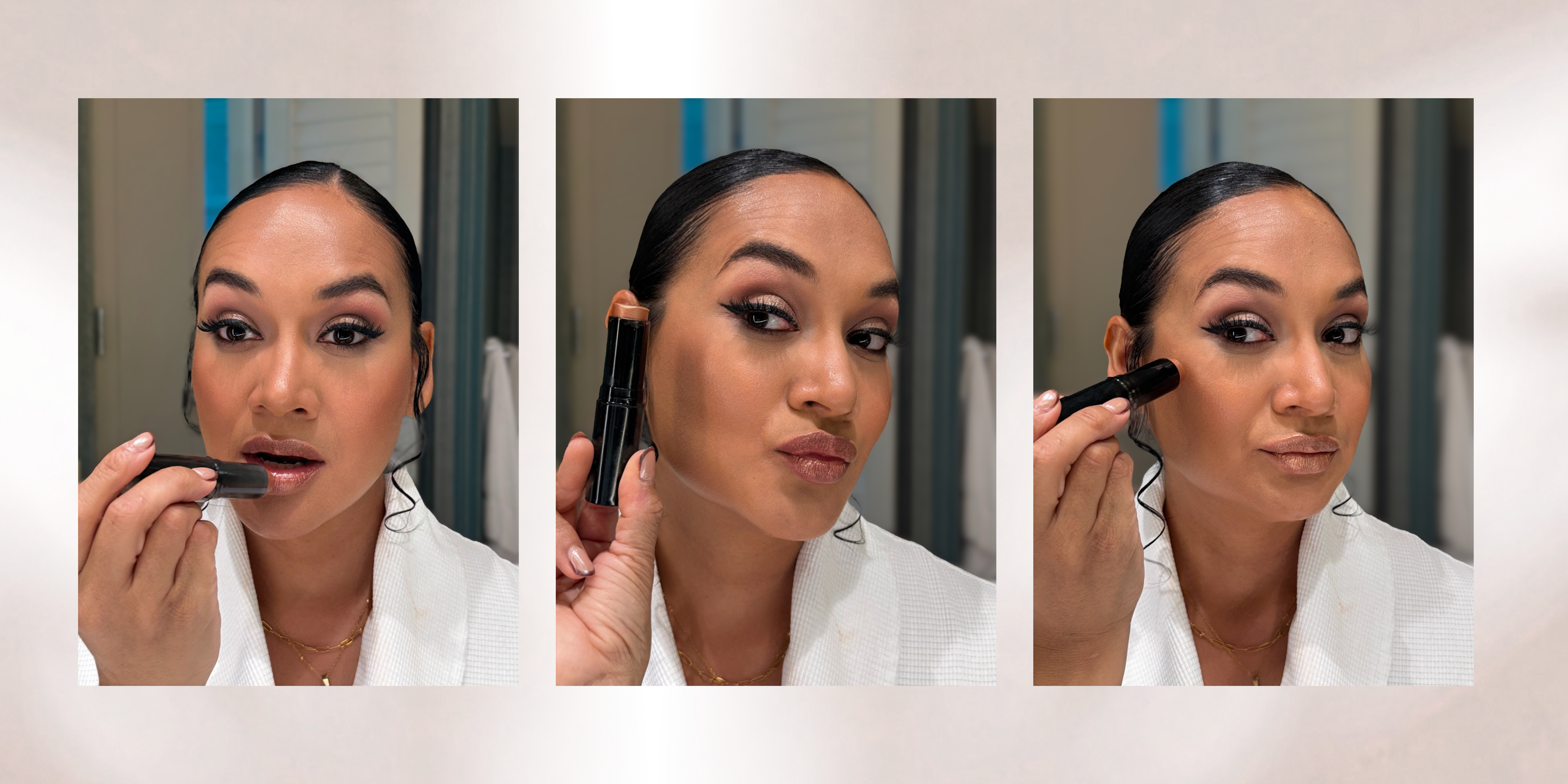 Three-panel close-up demonstration of a woman applying makeup, showing a lip product, a face contour stick, and contour being applied to her cheek. She is wearing a white robe in front of a mirror.
